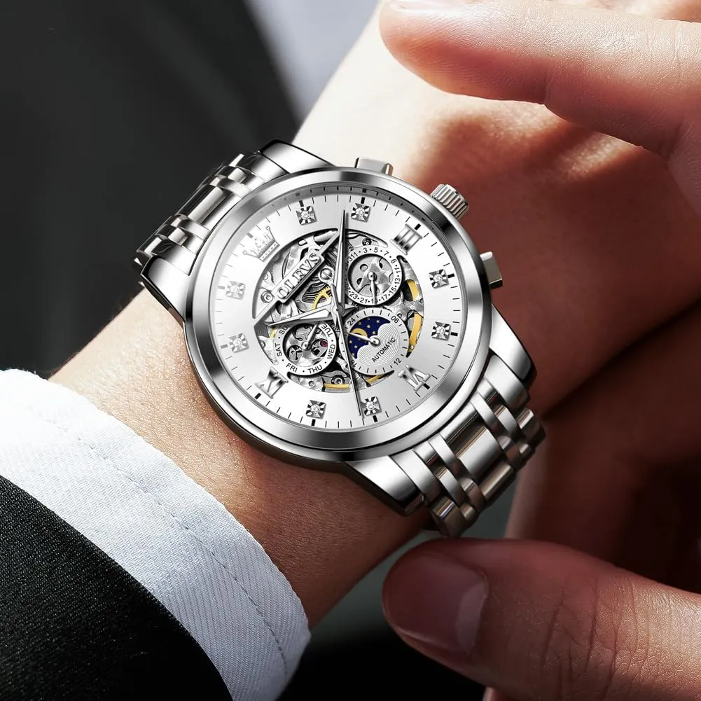OLEVS Watches for Men Luxury Skeleton Automatic Mechanical Mens Watch Diamond Moon Phase Waterproof Date Self Winding Gentlemen Watch