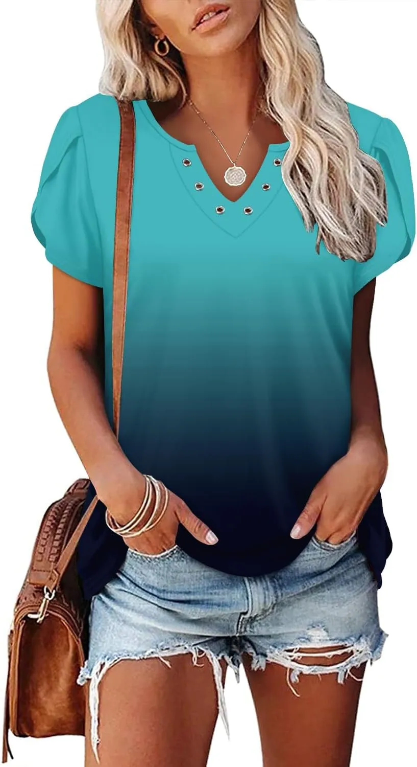 onlypuff Summer Top for Women V Neck Short Sleeve Shirts Flowy Tunic Tops