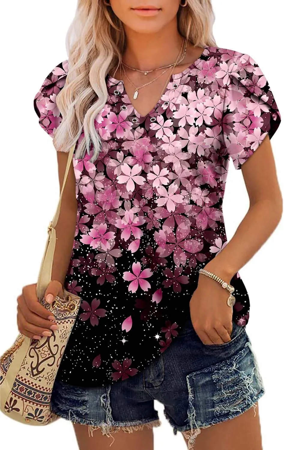 onlypuff Summer Top for Women V Neck Short Sleeve Shirts Flowy Tunic Tops