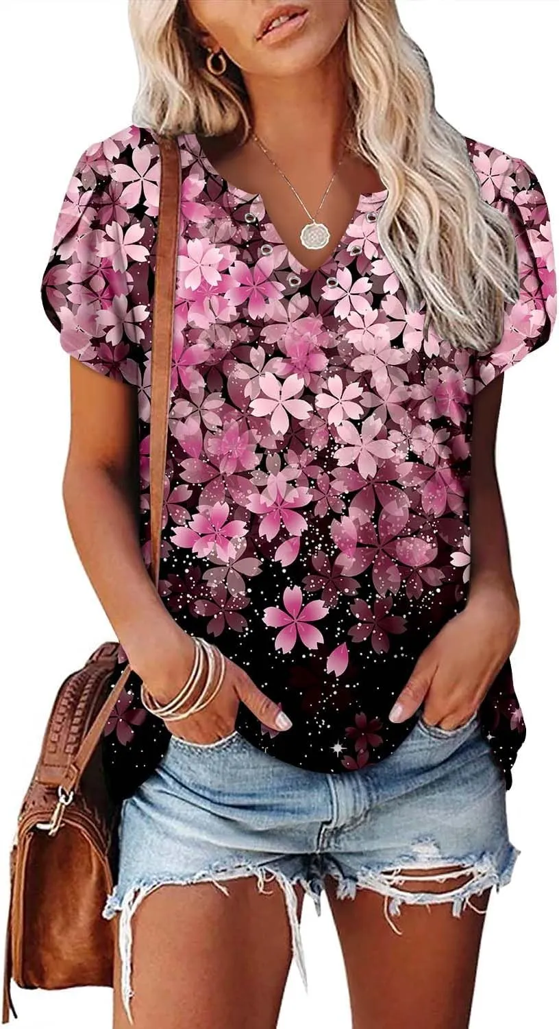 onlypuff Summer Top for Women V Neck Short Sleeve Shirts Flowy Tunic Tops