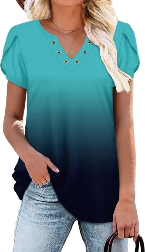 onlypuff Summer Top for Women V Neck Short Sleeve Shirts Flowy Tunic Tops