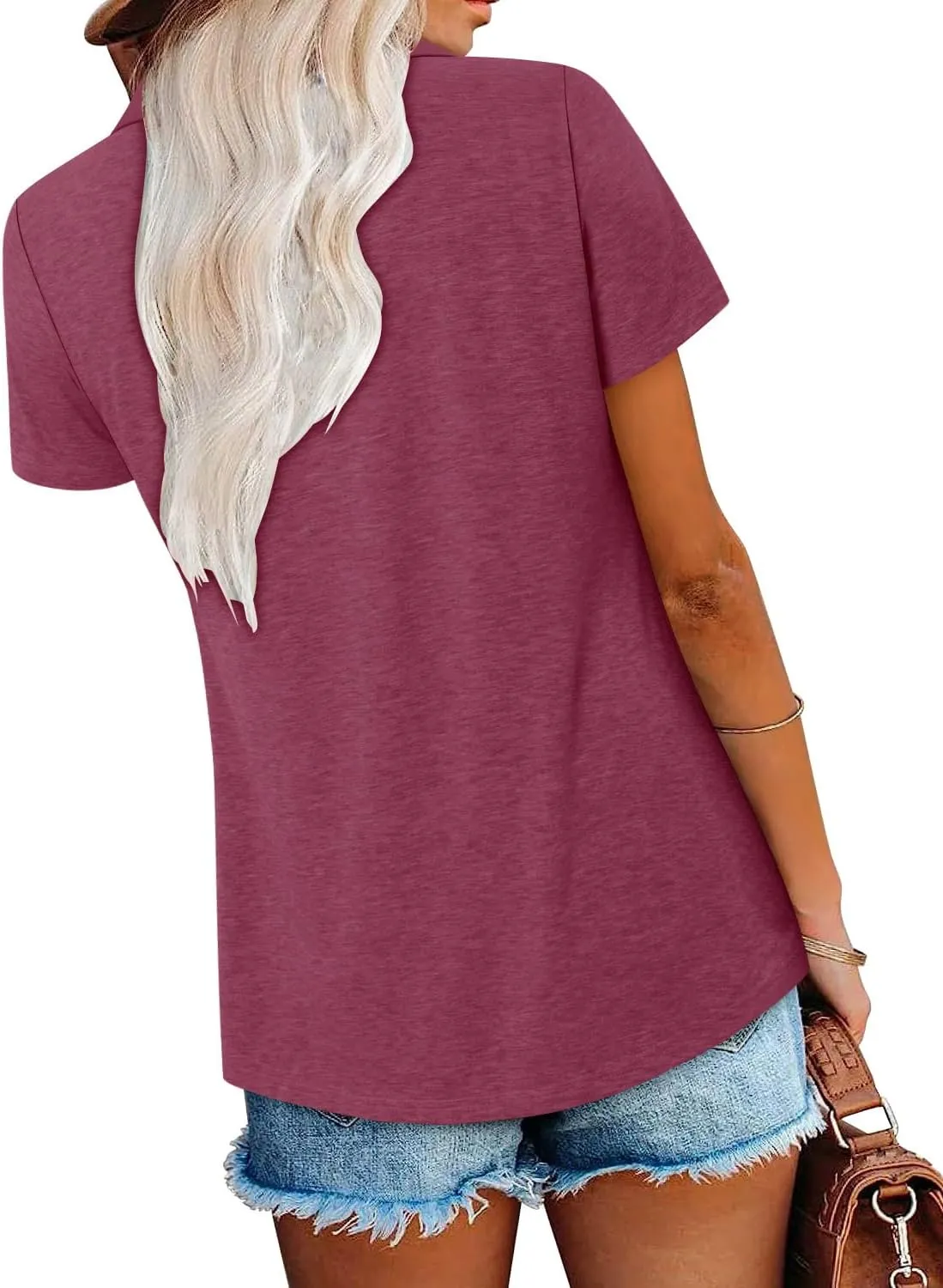 ONLYSHE Womens Summer Blouses Casual Short Sleeve Tunic Turndown V Neck Collar Loose Fit Tops