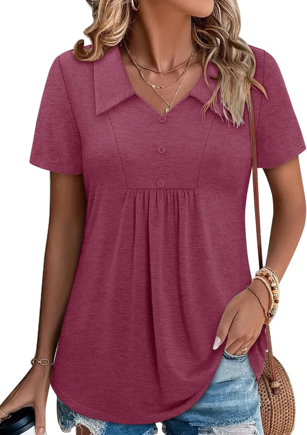 ONLYSHE Womens Summer Blouses Casual Short Sleeve Tunic Turndown V Neck Collar Loose Fit Tops