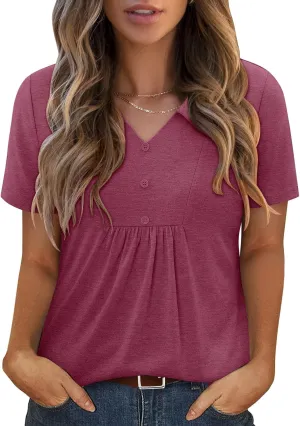 ONLYSHE Womens Summer Blouses Casual Short Sleeve Tunic Turndown V Neck Collar Loose Fit Tops