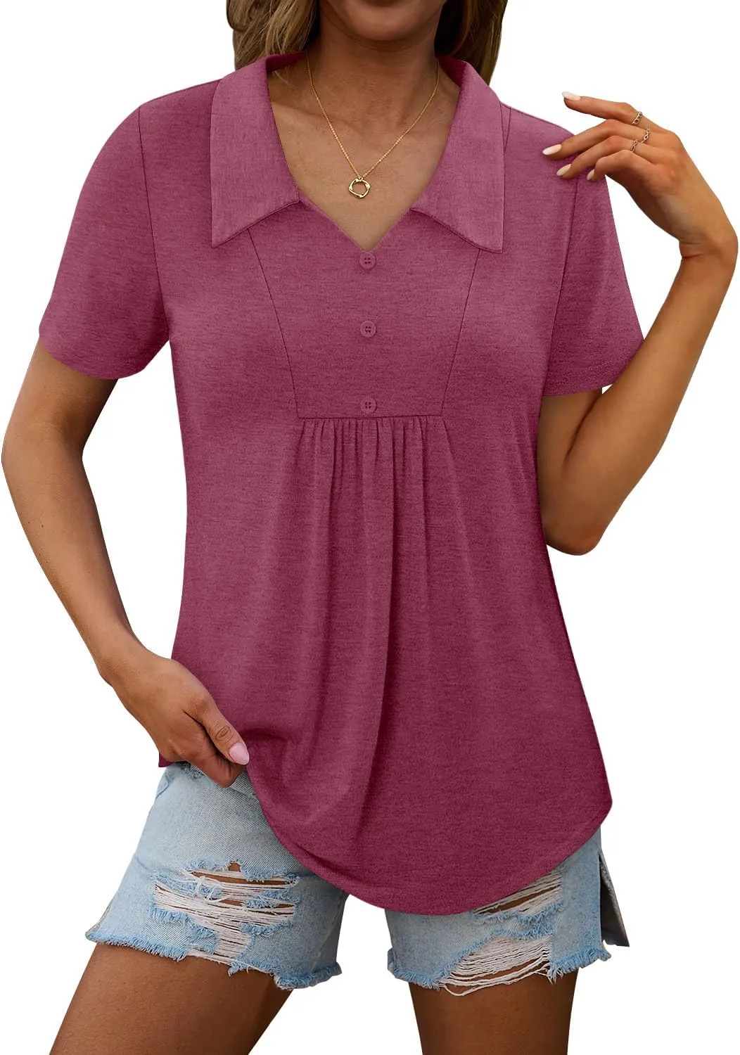 ONLYSHE Womens Summer Blouses Casual Short Sleeve Tunic Turndown V Neck Collar Loose Fit Tops