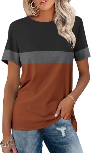 ORANDESIGNE Womens T Shirts Short Sleeve Color Block Tops Casual Summer Fashion Tees