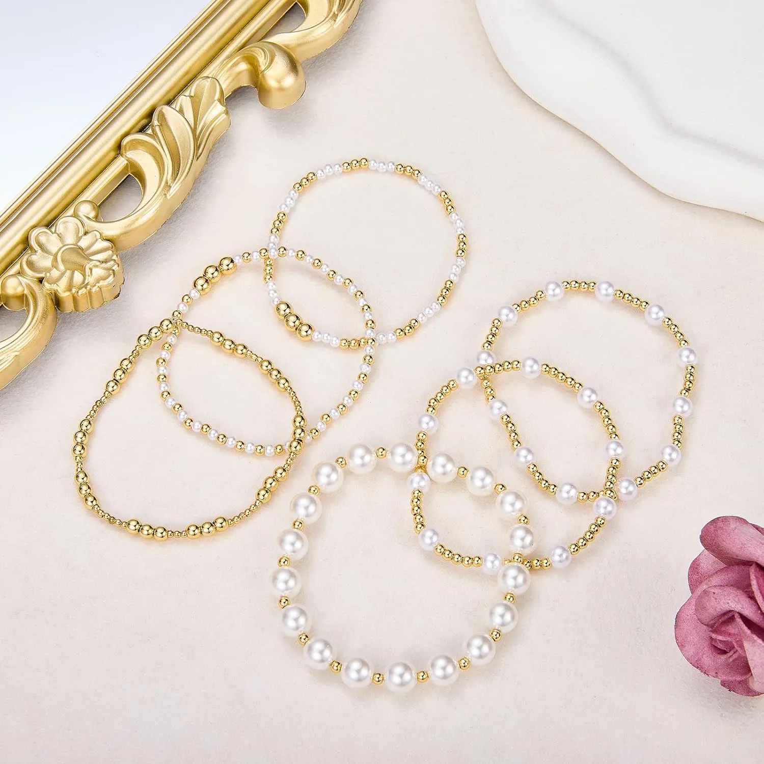 Ornaland Pearl Bracelets for Women Gold Beaded Bracelets Stackable Bracelets Set Stretch Summer Beach Jewelry for Women