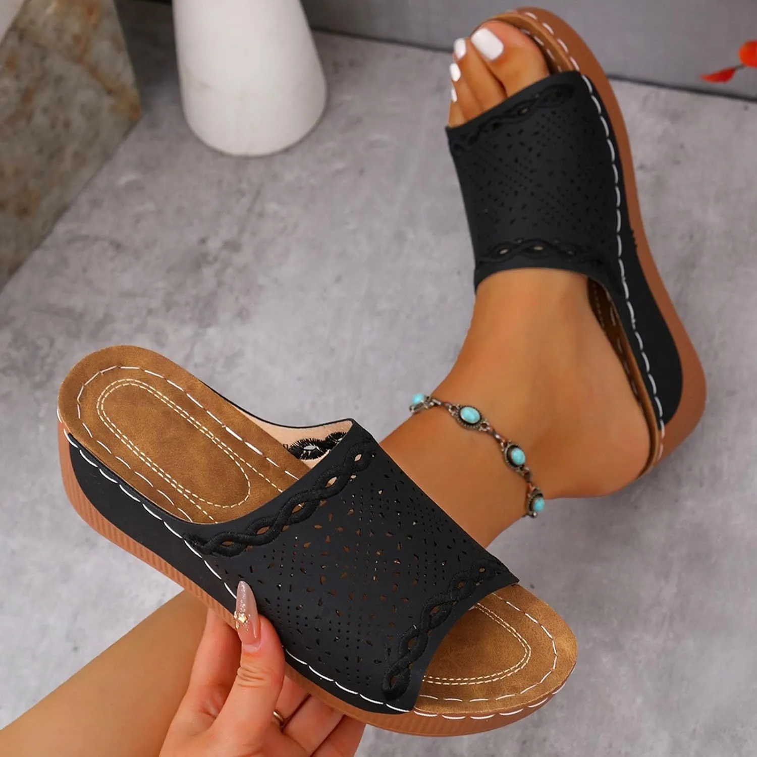 Orthopedic Sandals for Women Comfortable Arch Support Slides Women's Sandal Breathable Summer Orthotic Leather Platform Wedge Slip on Dress Shoes