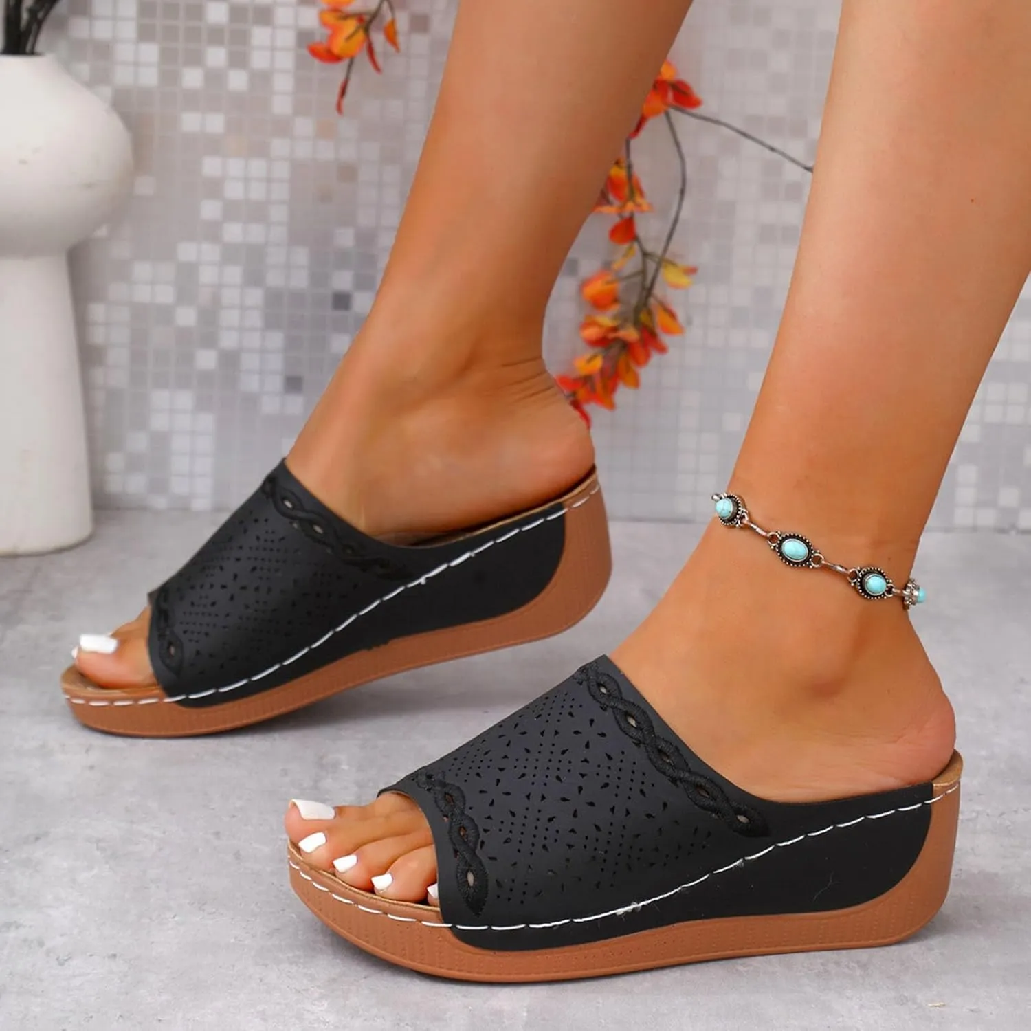 Orthopedic Sandals for Women Comfortable Arch Support Slides Women's Sandal Breathable Summer Orthotic Leather Platform Wedge Slip on Dress Shoes