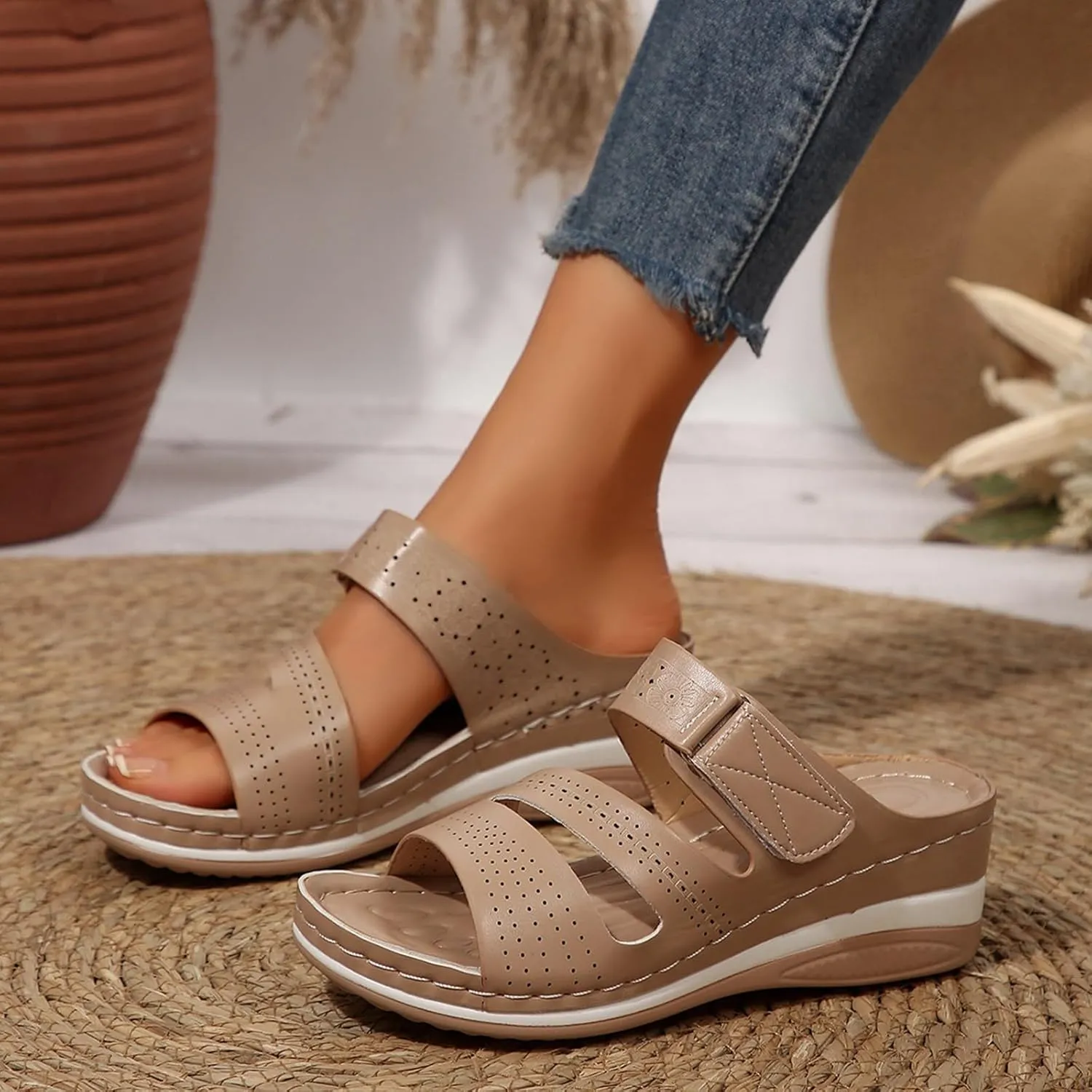 Orthopedic Wedge Sandals for Women 2025 Low Heels Arch Support Slingback Hollow Platform Beach Sandals Footwear
