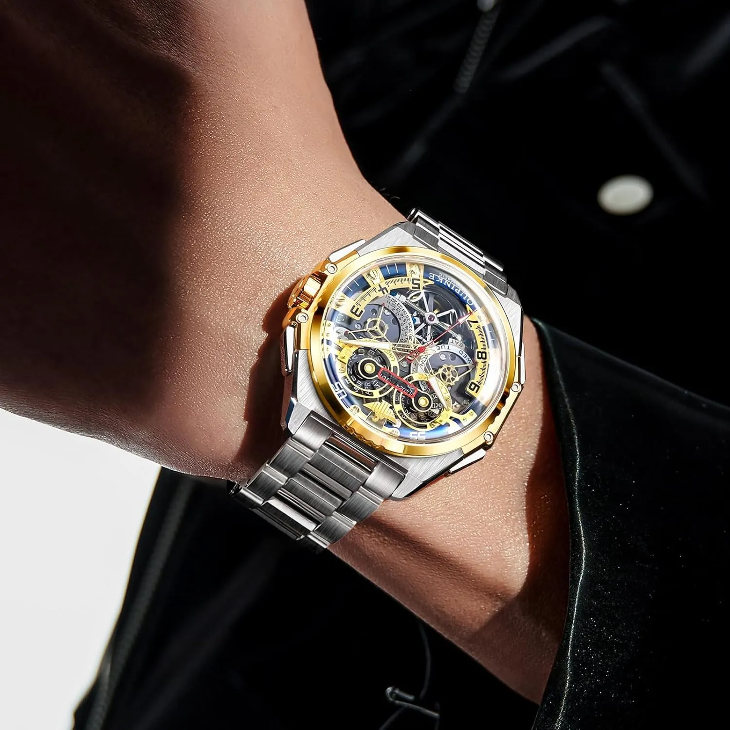 OUPINKE Automatic Skeleton Watches for Men Waterproof Sports Luxury Silicone Mechanical Self Winding Dress Tourbillon Watch