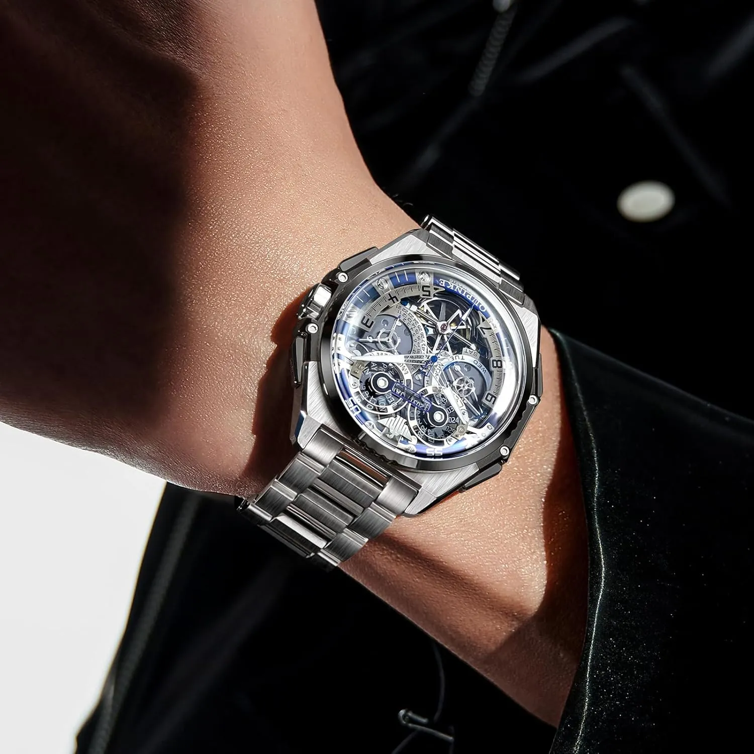 OUPINKE Automatic Skeleton Watches for Men Waterproof Sports Luxury Silicone Mechanical Self Winding Dress Tourbillon Watch