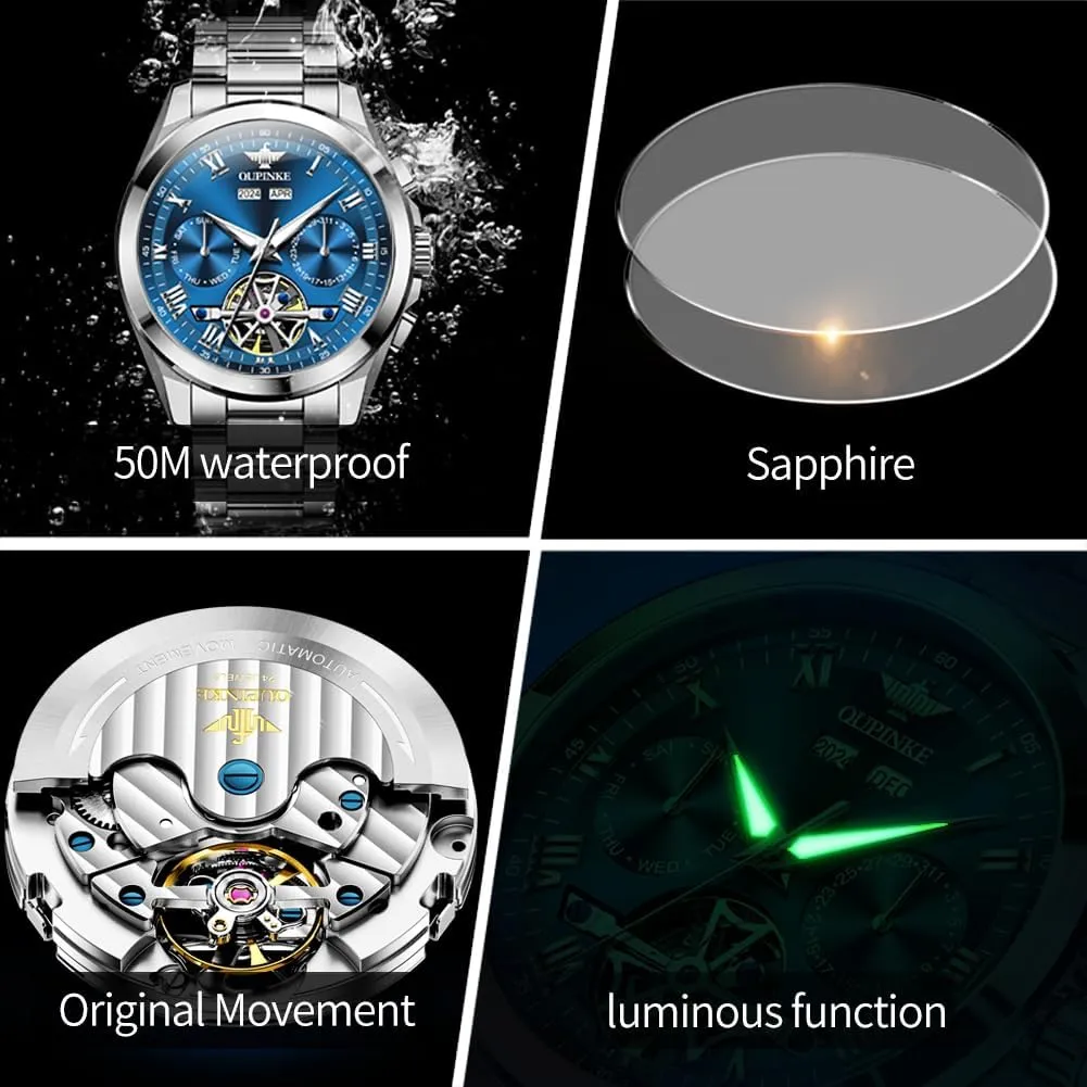 OUPINKE Men Skeleton Watch Automatic Mechanical Luxury Dress Waterproof Tourbillion Sapphire Crystal Wrist Watches for Men