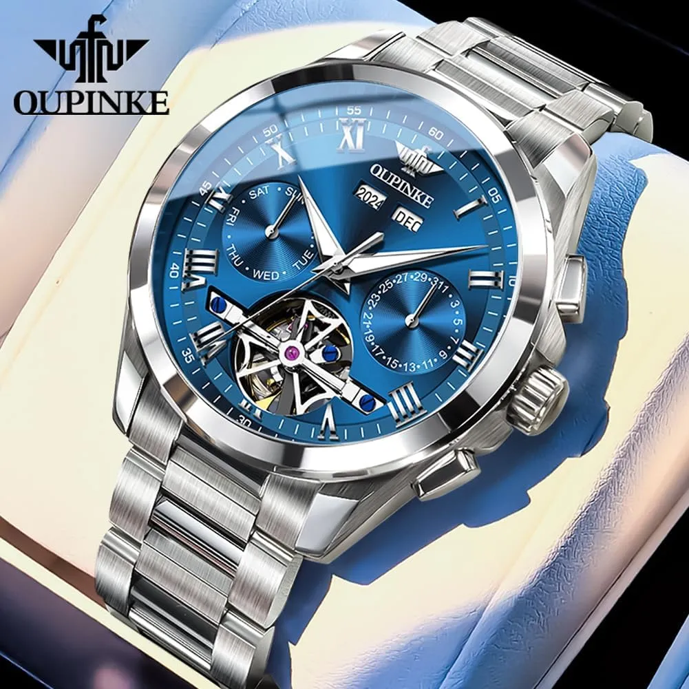 OUPINKE Men Skeleton Watch Automatic Mechanical Luxury Dress Waterproof Tourbillion Sapphire Crystal Wrist Watches for Men