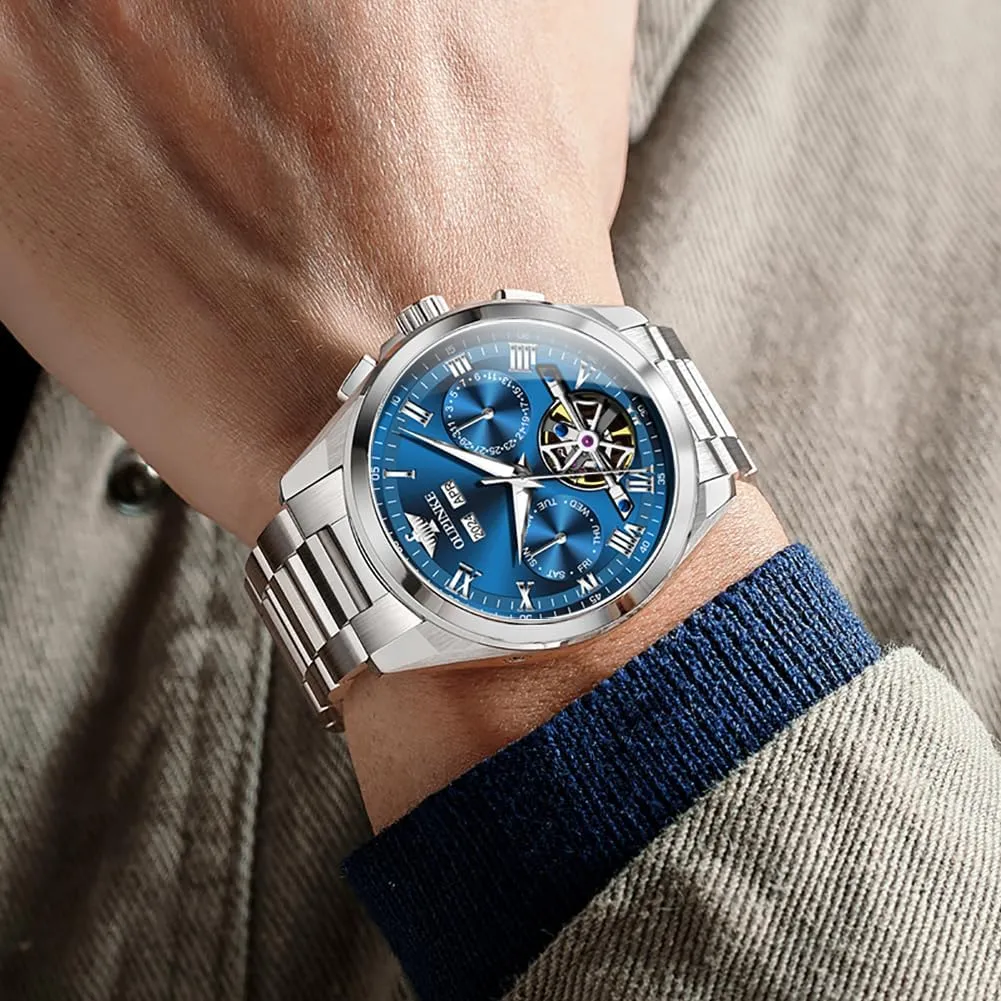 OUPINKE Men Skeleton Watch Automatic Mechanical Luxury Dress Waterproof Tourbillion Sapphire Crystal Wrist Watches for Men