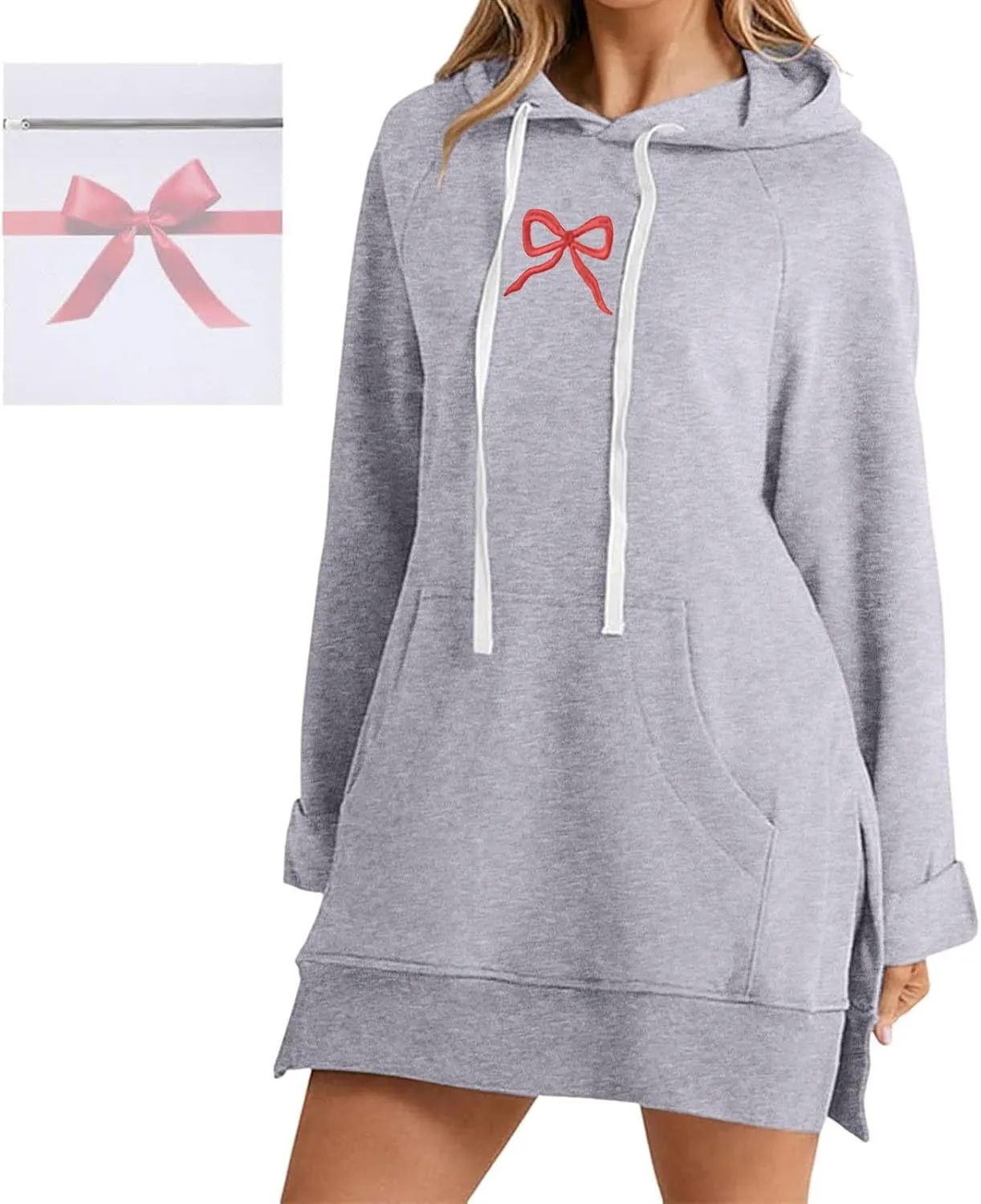 Oversized Hoodie Dress for Women Casual Drawstring Long Sweatshirt with Pocket Bow love Graphic Print Split Hem Shirt