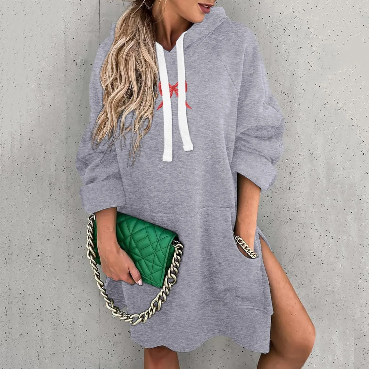Oversized Hoodie Dress for Women Casual Drawstring Long Sweatshirt with Pocket Bow love Graphic Print Split Hem Shirt