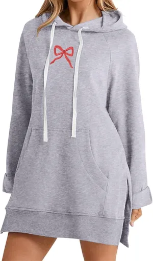 Oversized Hoodie Dress for Women Casual Drawstring Long Sweatshirt with Pocket Bow love Graphic Print Split Hem Shirt