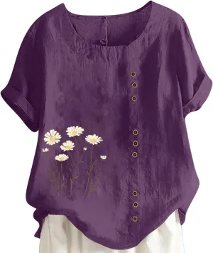 Oversized Tshirts for Women Casual Cotton Linen Short Sleeve Tee Blouse Round Neck Going Out Loose Workout Tops