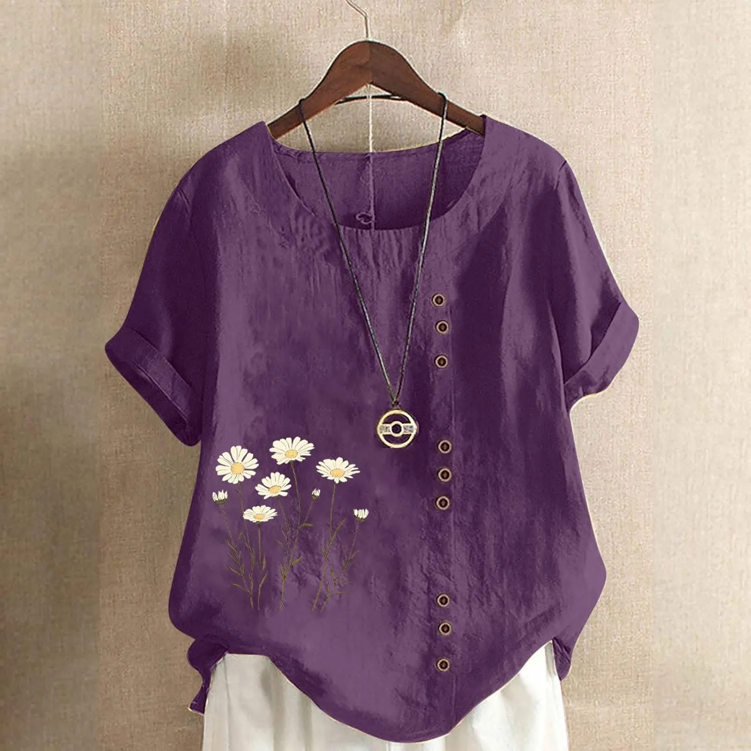 Oversized Tshirts for Women Casual Cotton Linen Short Sleeve Tee Blouse Round Neck Going Out Loose Workout Tops