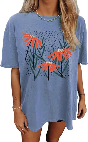 Oversized Vintage Wildflowers Shirt for Women Cute Butterfly Mushroom Graphic Shirt Casual Hippie 70s T-Shirt