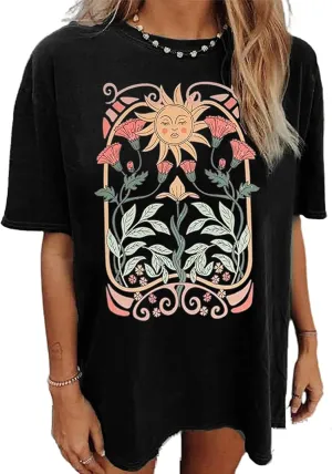Oversized Vintage Wildflowers Shirt for Women Cute Butterfly Mushroom Graphic Shirt Casual Hippie 70s T-Shirt