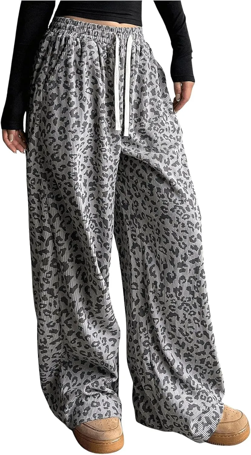 OYOANGLE Women's Graphic Print Drawstring Elastic High Waist Long Pants Y2k Wide Leg Casual Trousers with Pockets