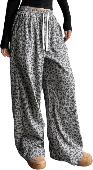 OYOANGLE Women's Graphic Print Drawstring Elastic High Waist Long Pants Y2k Wide Leg Casual Trousers with Pockets