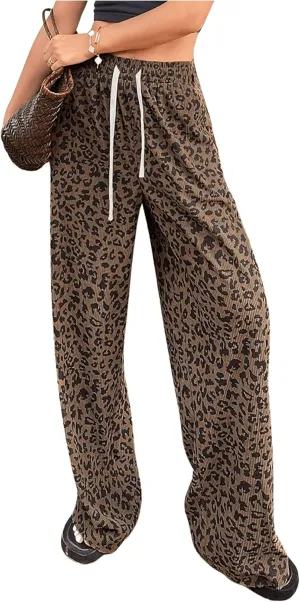OYOANGLE Women's Graphic Print Drawstring Elastic High Waist Long Pants Y2k Wide Leg Casual Trousers with Pockets