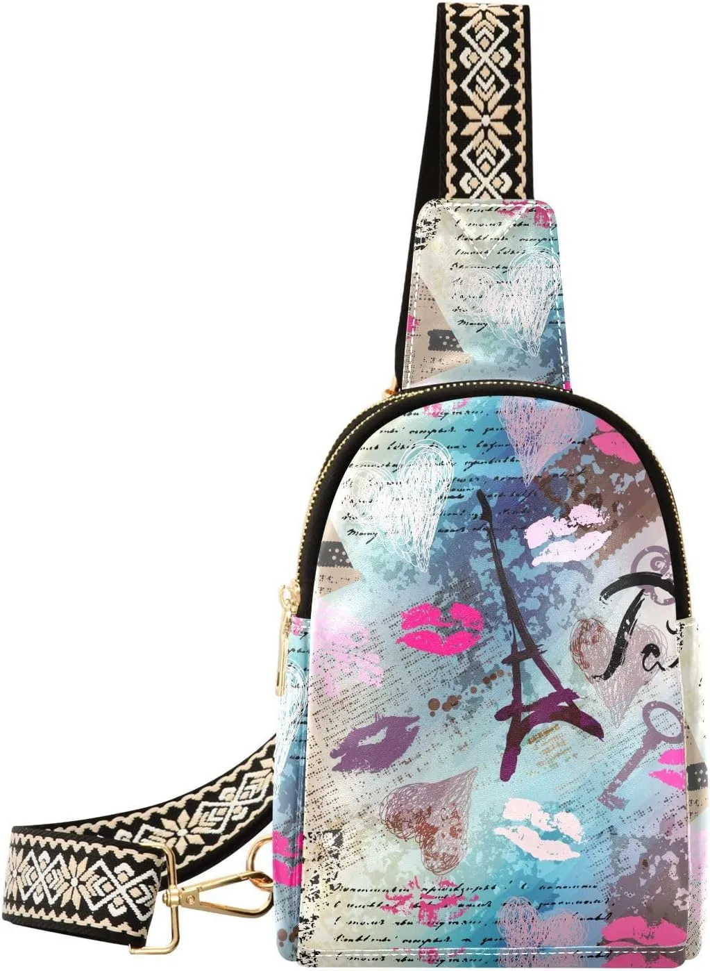 Paris Eiffel Tower Lips Fanny Pack Crossbody PC Leather Small Sling Bag for Women Retro Scrapbook Fashion Waist Packs Chest Bag for Travel Sports Running Hiking
