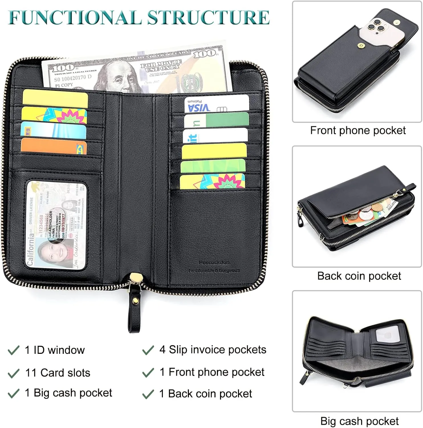 Peacocktion RFID Crossbody Wallet Purse for Women Small Travel Cell Phone Purses Trendy Vegan Leather Bags with Card Slots