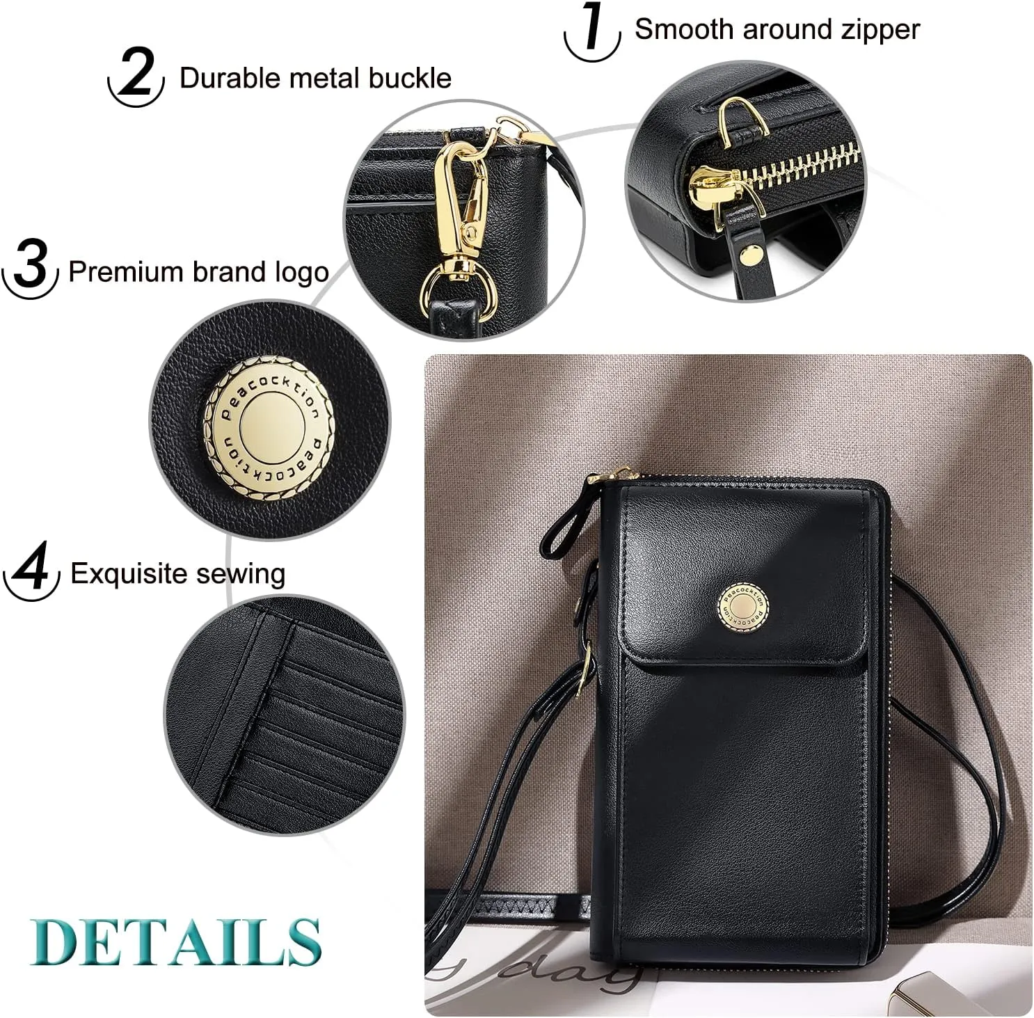 Peacocktion RFID Crossbody Wallet Purse for Women Small Travel Cell Phone Purses Trendy Vegan Leather Bags with Card Slots