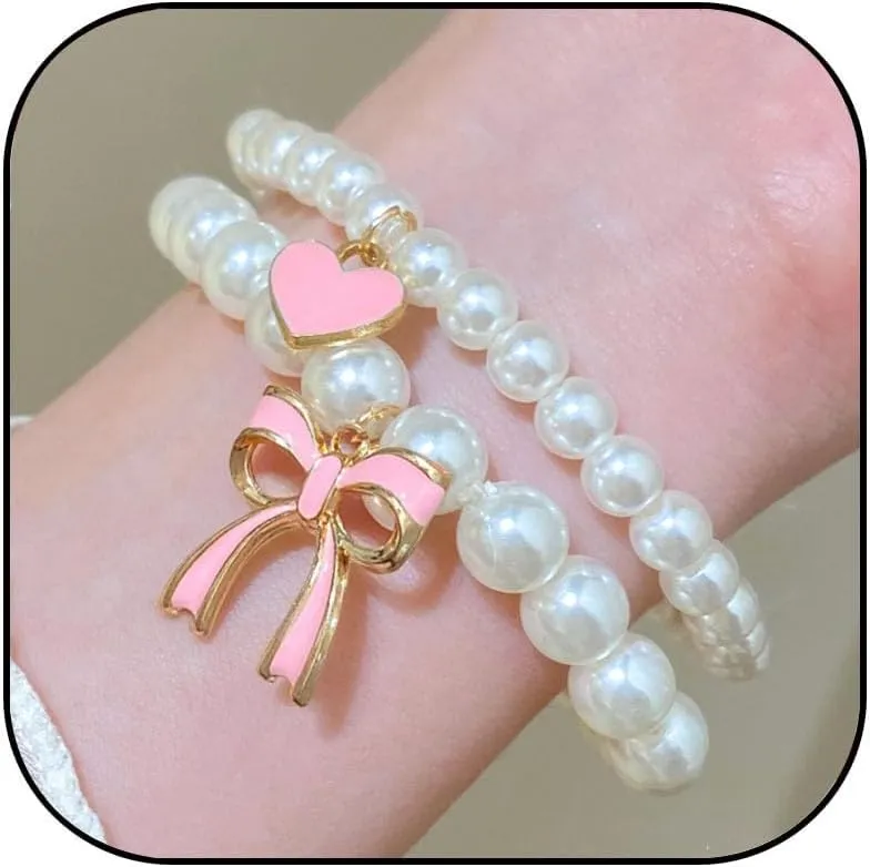 Pearl Bow Bracelet for Women Gold Pearl Bow Charm Bracelet Pink Bow Heart Stretch Bracelet Pearl Bracelets Bow Beaded Bracelet Christmas Jewelry for Women