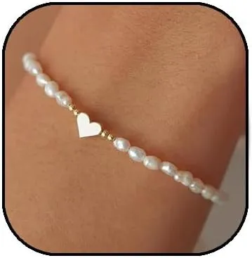 Pearl Bracelets for Women 14K Gold Pearl Beaded Bracelets Dainty Heart Pearl Chain Bracelets Adjustable Gold Pearl Stackable Bracelet Jewelry Gift