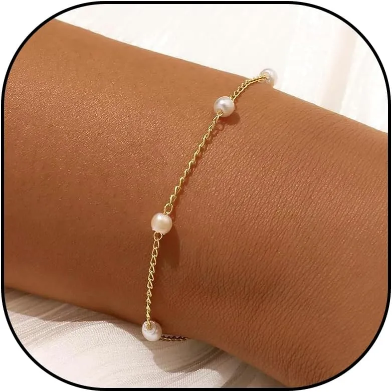 Pearl Bracelets for Women Girls Gold/Silver Dainty Link Bracelet Cute Simple Pearl Bracelet Birthday Gifts Mother's Day Gifts for Her Mom Wife Bracelet for Women Teen Girl Gifts Trendy Stuff