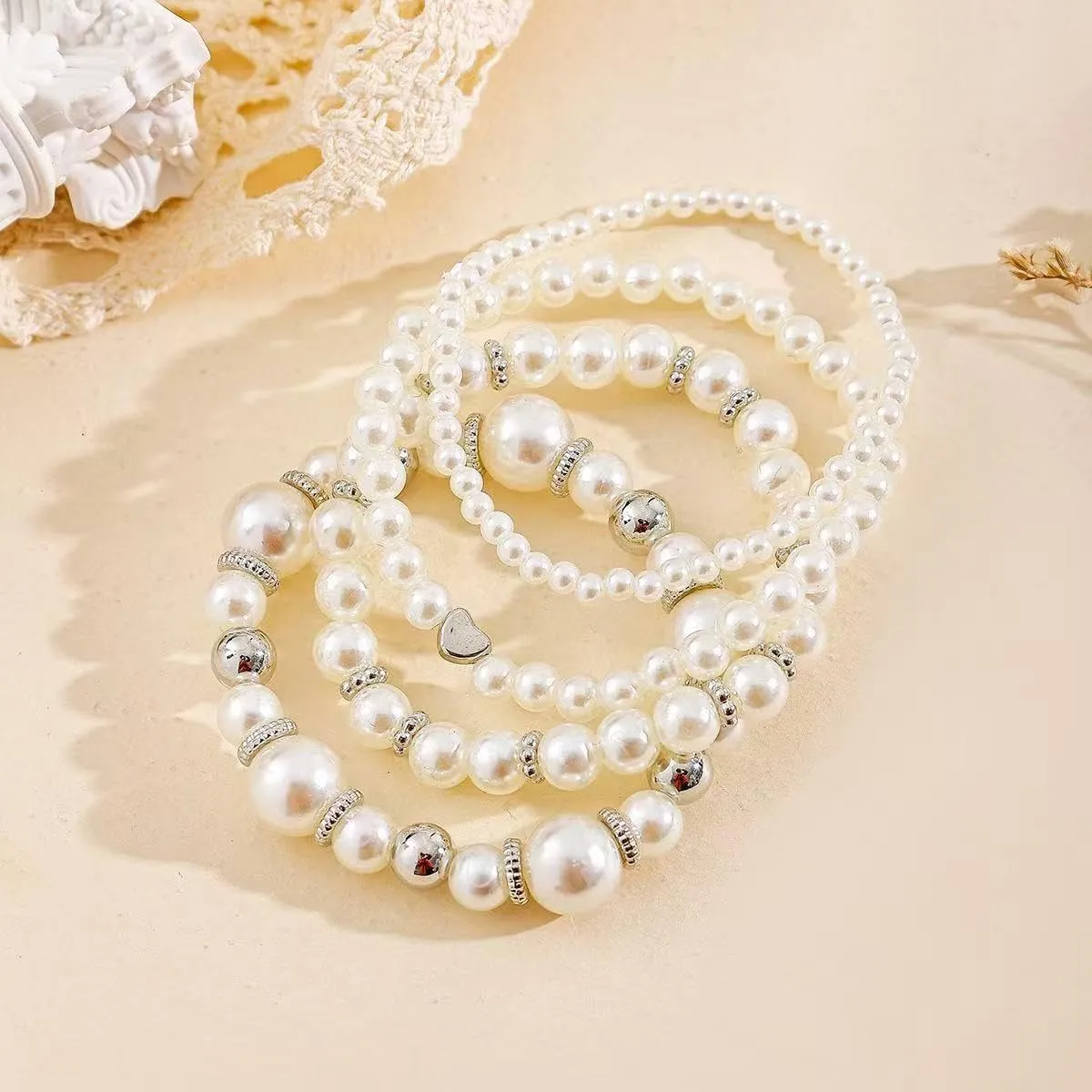 Pearls Stackable Stretch Bracelet Set Simulated Pearl ultilayered Elastic Bracelets Wedding Jewelry