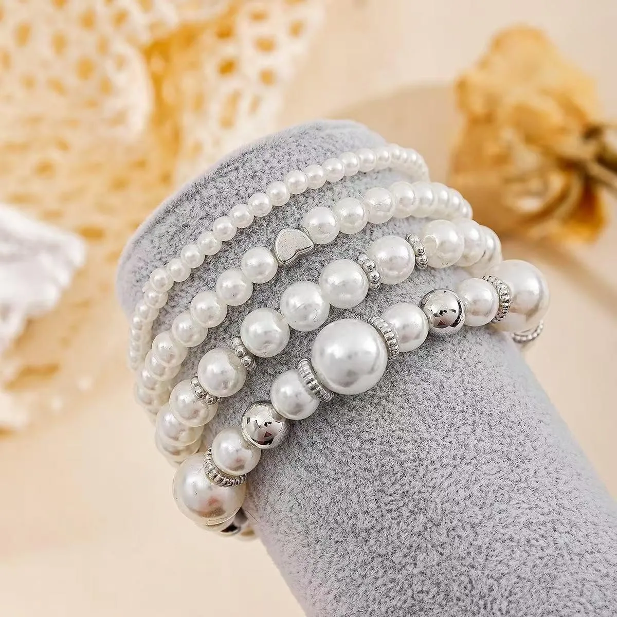 Pearls Stackable Stretch Bracelet Set Simulated Pearl ultilayered Elastic Bracelets Wedding Jewelry
