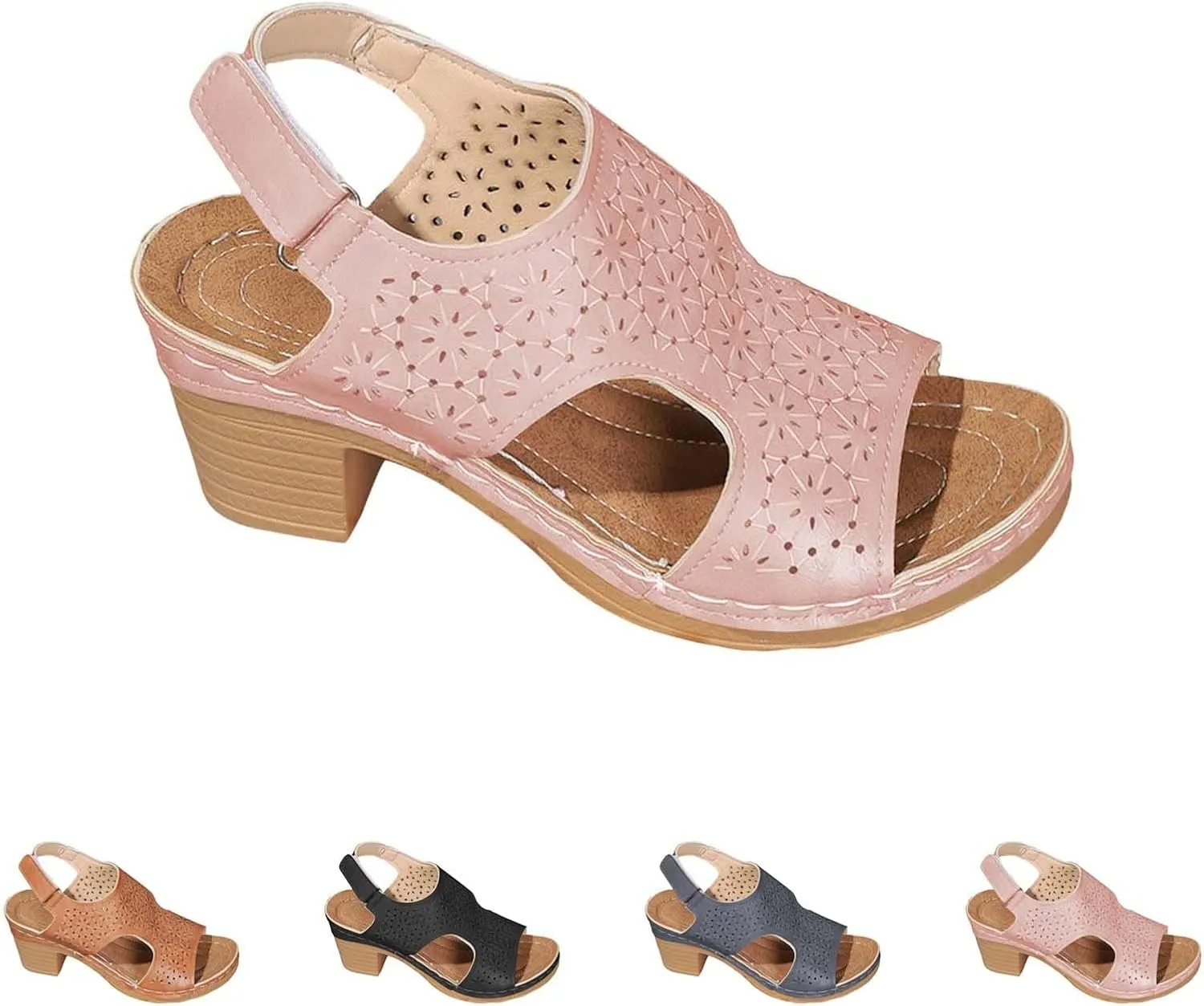Peep Toe Sandals for Women Cutout Arch Support Summer Ankle Strap Bohemian Mid Heel Wedge Sandals Retro Beach Shoes