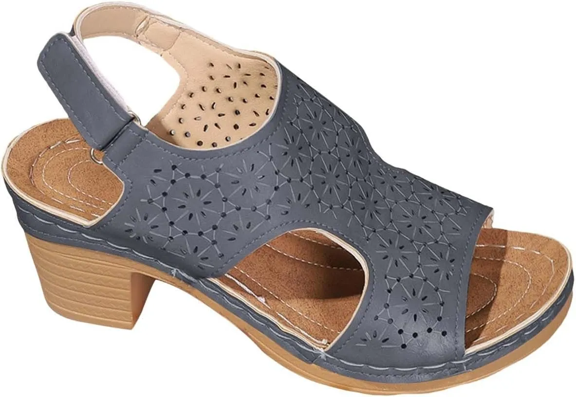Peep Toe Sandals for Women Cutout Arch Support Summer Ankle Strap Bohemian Mid Heel Wedge Sandals Retro Beach Shoes