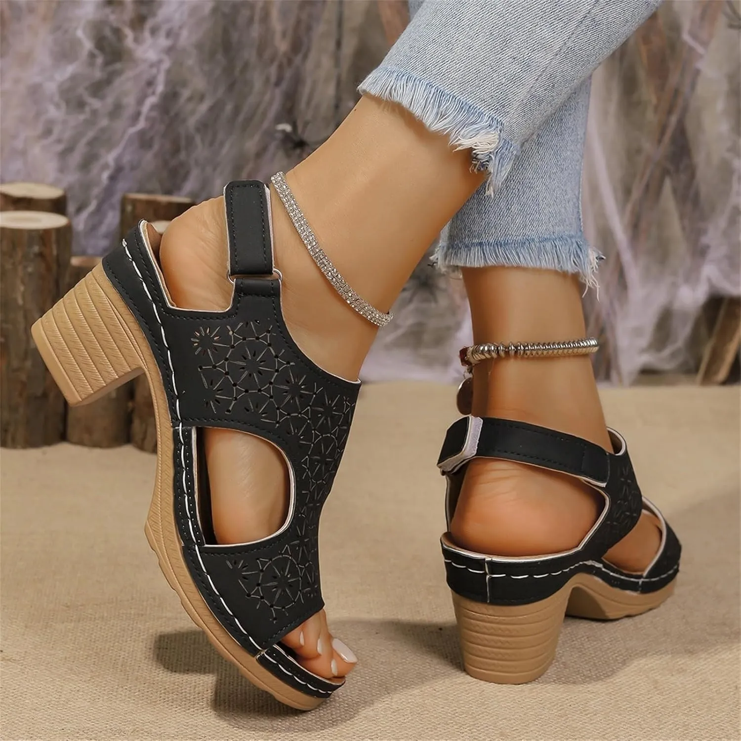 Peep Toe Sandals for Women Cutout Arch Support Summer Ankle Strap Bohemian Mid Heel Wedge Sandals Retro Beach Shoes