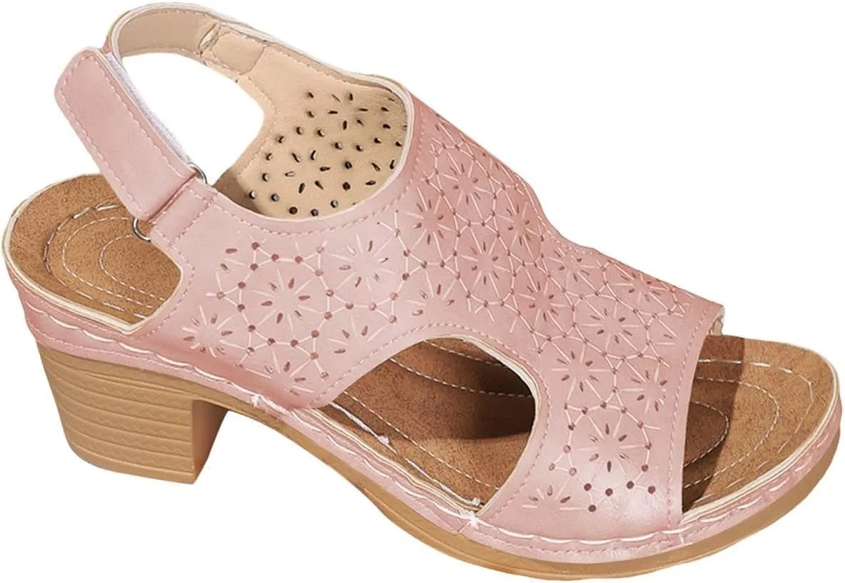 Peep Toe Sandals for Women Cutout Arch Support Summer Ankle Strap Bohemian Mid Heel Wedge Sandals Retro Beach Shoes