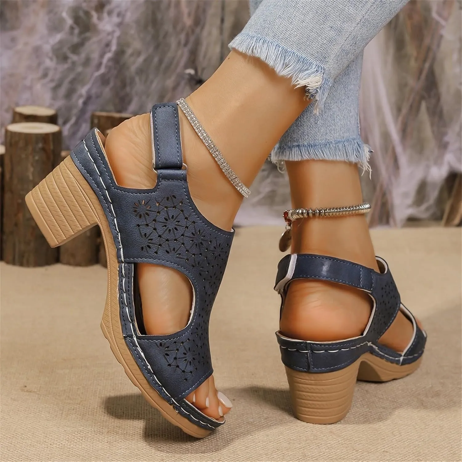 Peep Toe Sandals for Women Cutout Arch Support Summer Ankle Strap Bohemian Mid Heel Wedge Sandals Retro Beach Shoes