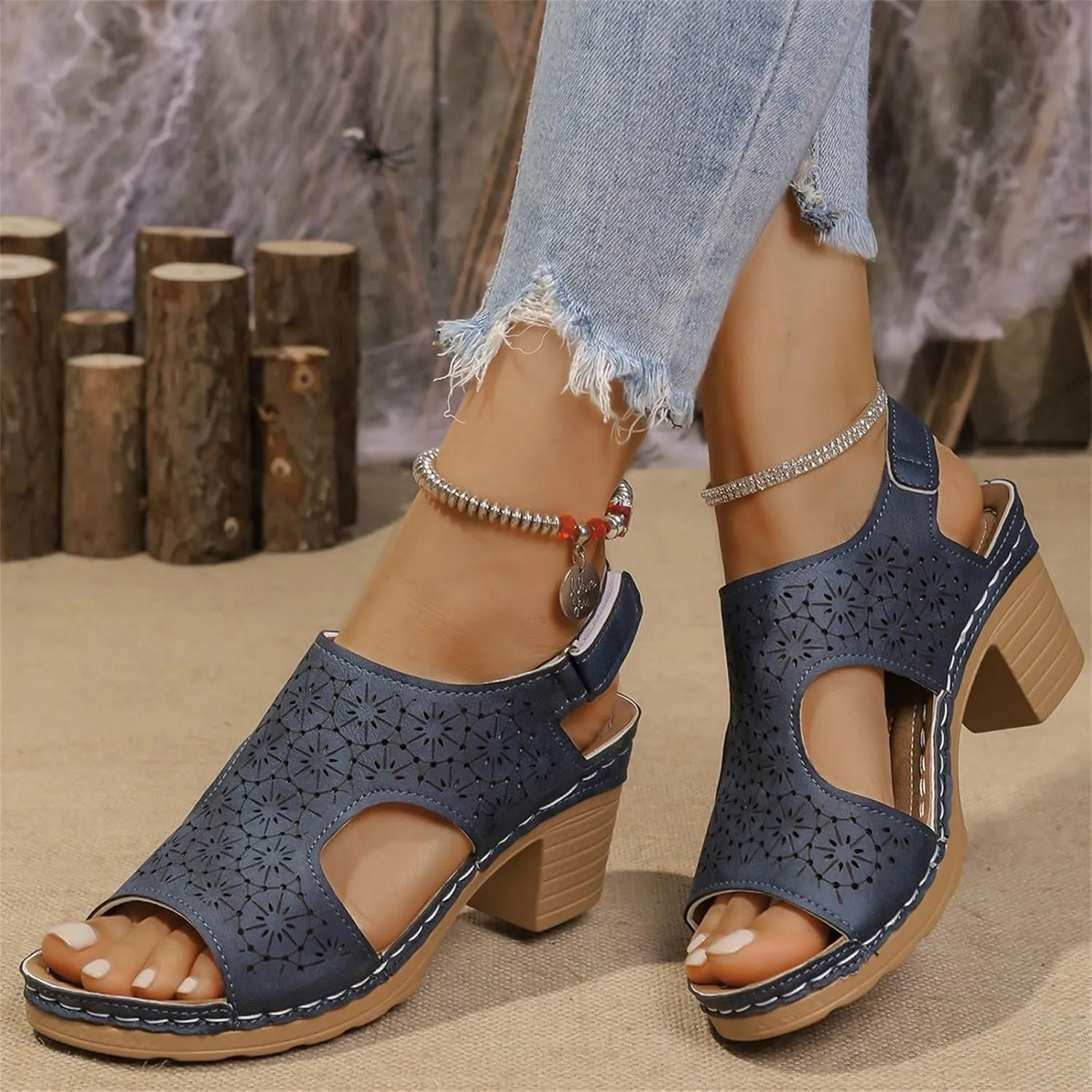 Peep Toe Sandals for Women Cutout Arch Support Summer Ankle Strap Bohemian Mid Heel Wedge Sandals Retro Beach Shoes
