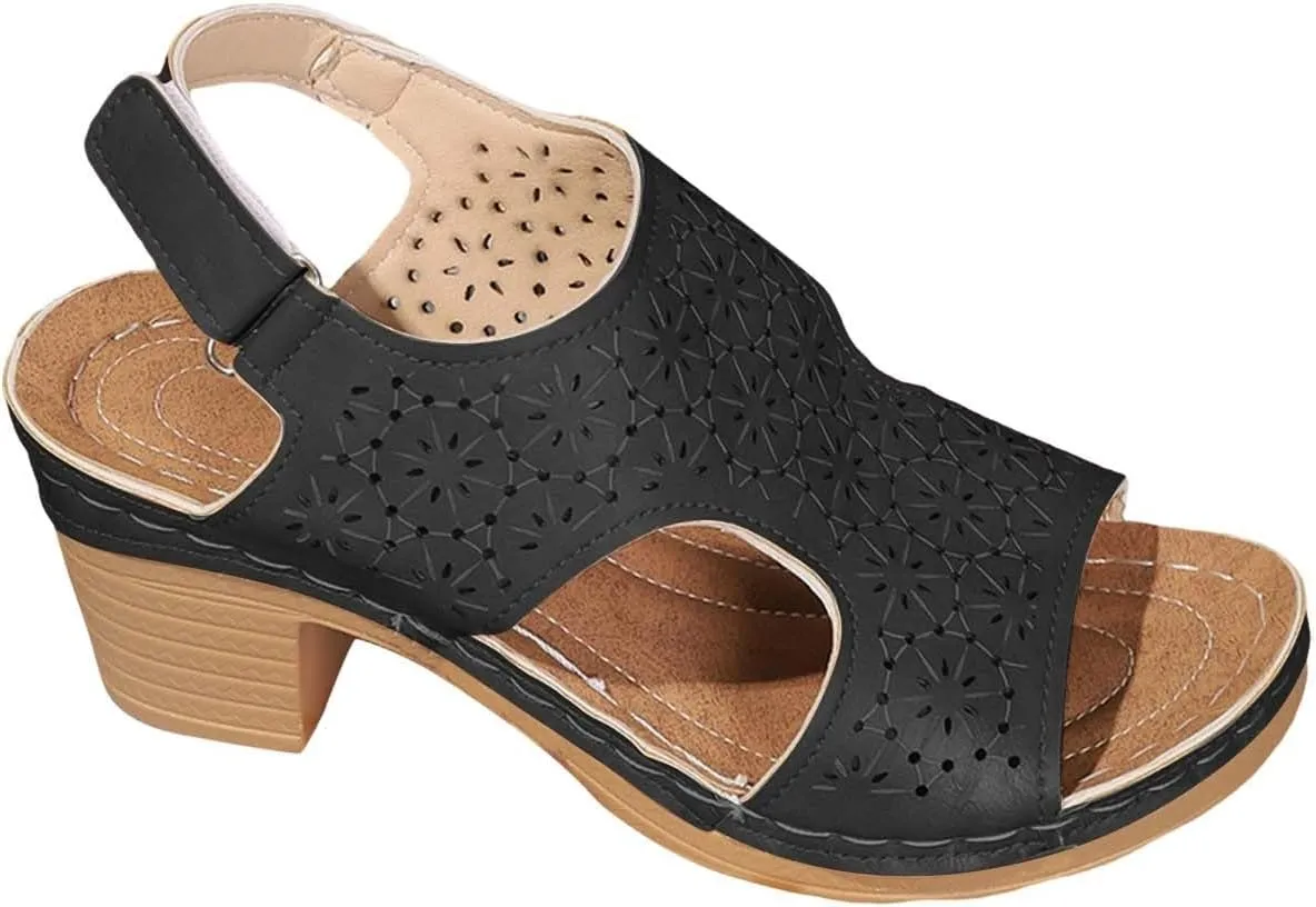 Peep Toe Sandals for Women Cutout Arch Support Summer Ankle Strap Bohemian Mid Heel Wedge Sandals Retro Beach Shoes