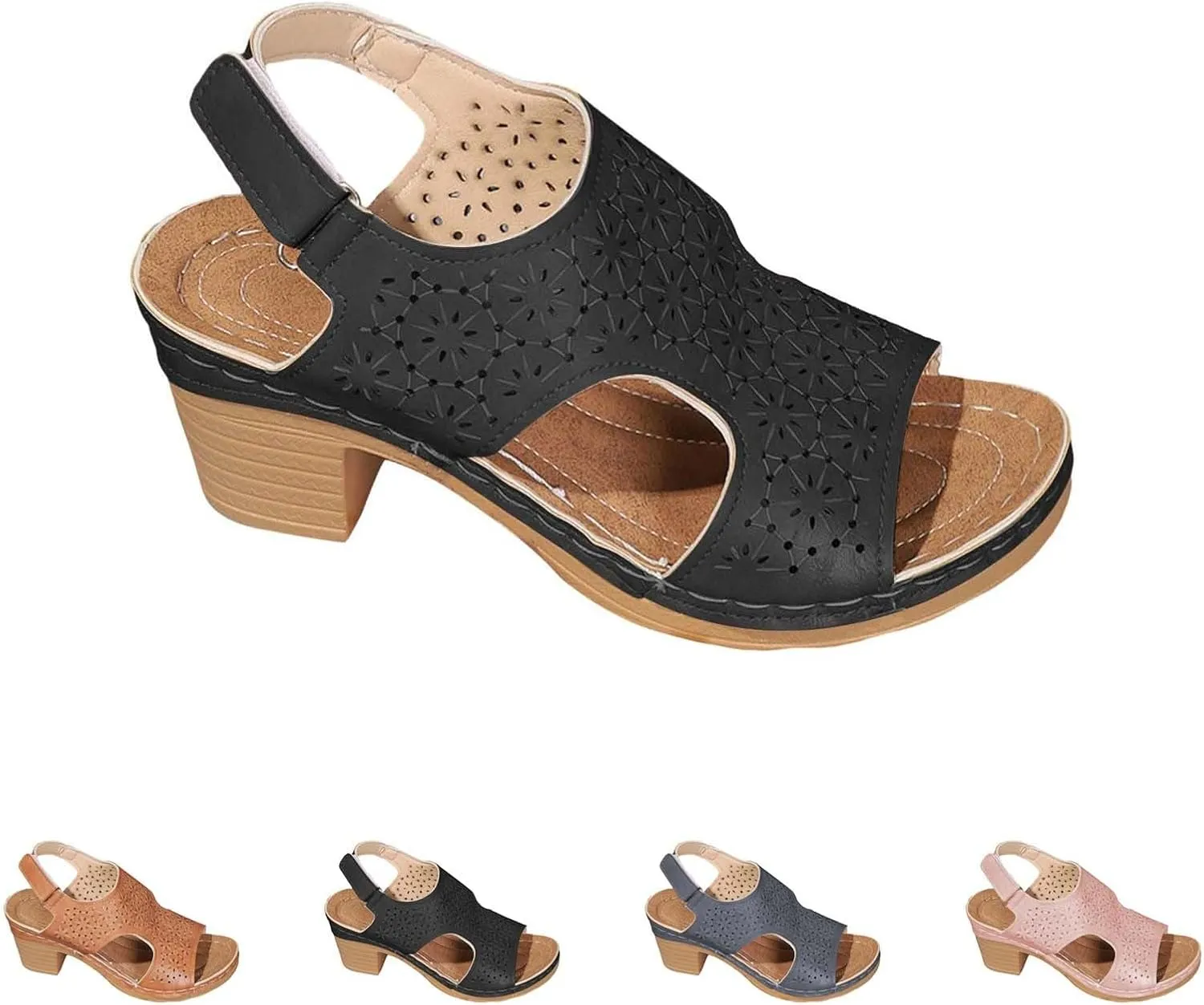 Peep Toe Sandals for Women Cutout Arch Support Summer Ankle Strap Bohemian Mid Heel Wedge Sandals Retro Beach Shoes