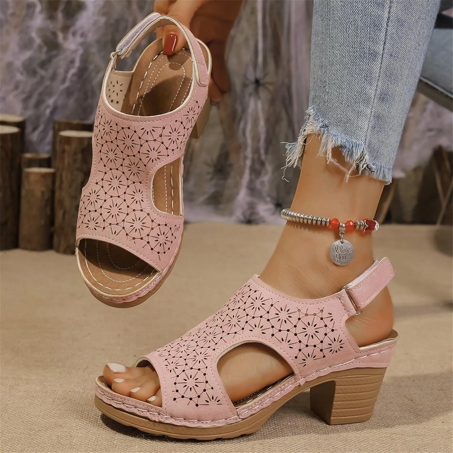 Peep Toe Sandals for Women Cutout Arch Support Summer Ankle Strap Bohemian Mid Heel Wedge Sandals Retro Beach Shoes