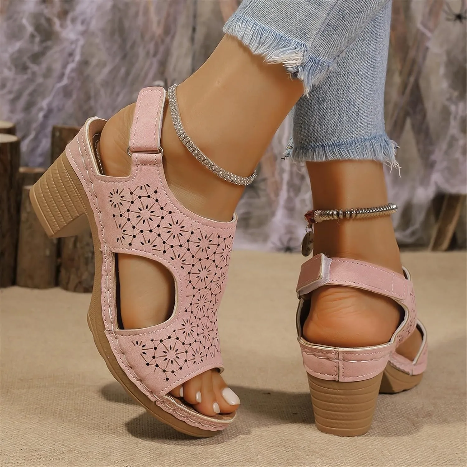 Peep Toe Sandals for Women Cutout Arch Support Summer Ankle Strap Bohemian Mid Heel Wedge Sandals Retro Beach Shoes