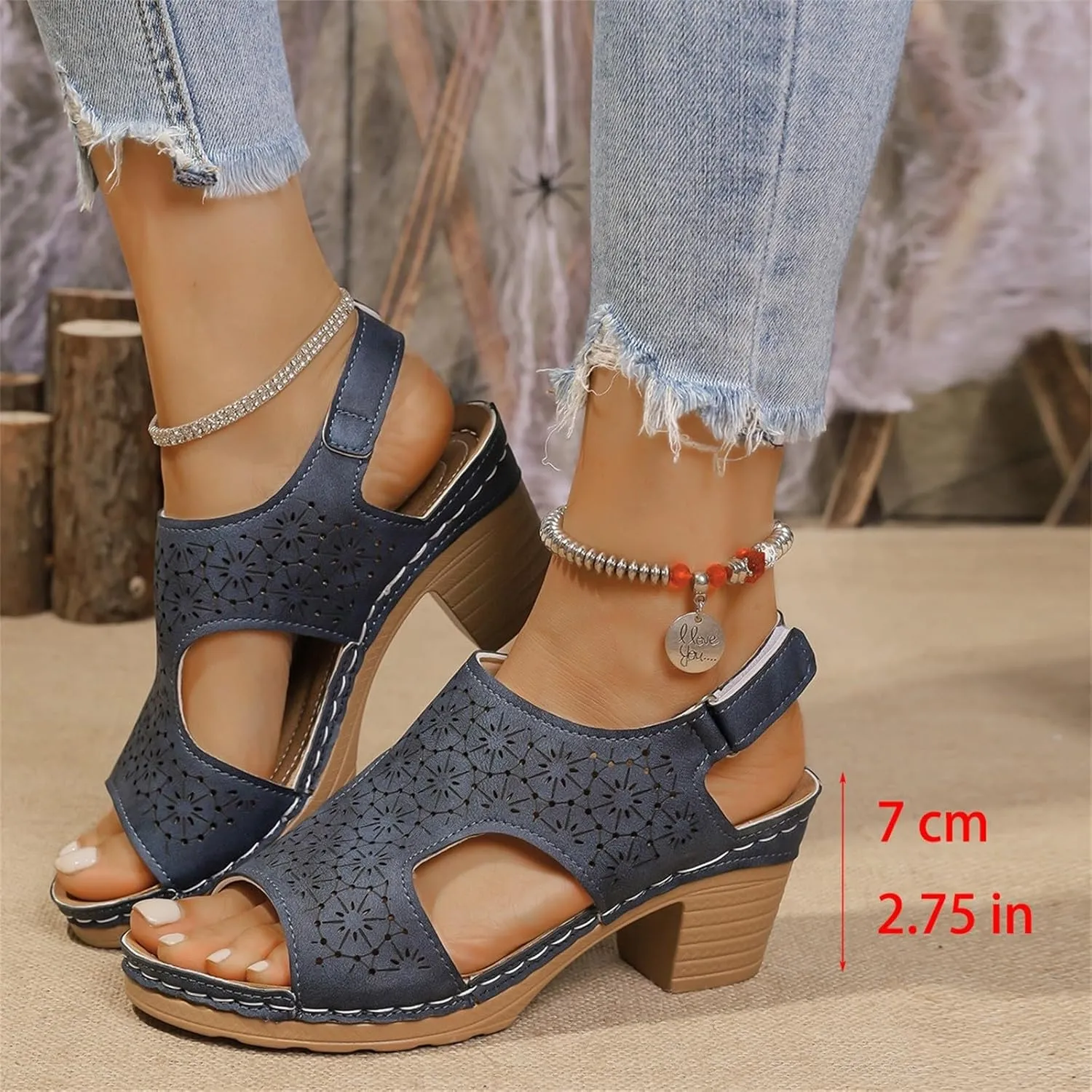 Peep Toe Sandals for Women Cutout Arch Support Summer Ankle Strap Bohemian Mid Heel Wedge Sandals Retro Beach Shoes