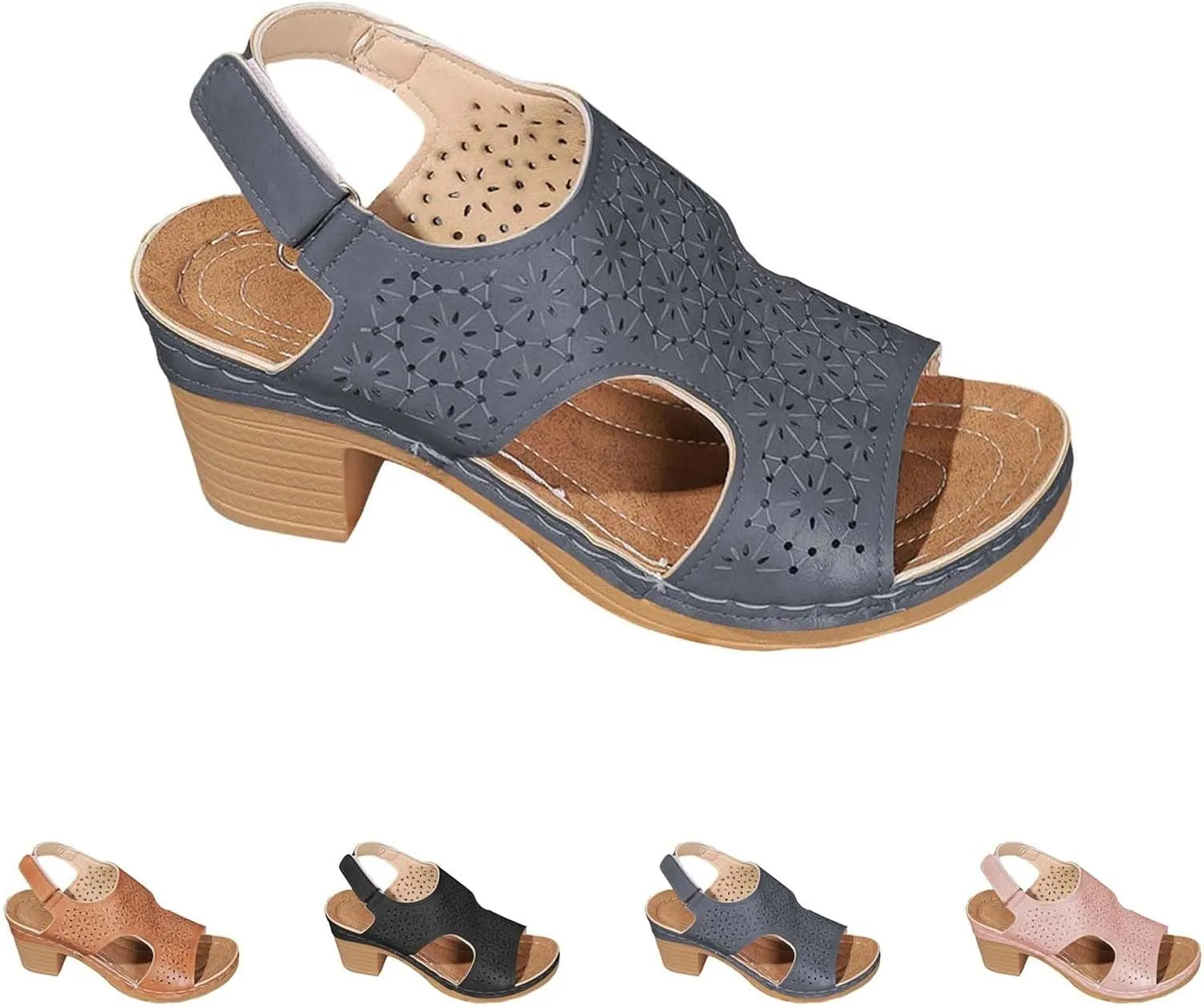 Peep Toe Sandals for Women Cutout Arch Support Summer Ankle Strap Bohemian Mid Heel Wedge Sandals Retro Beach Shoes
