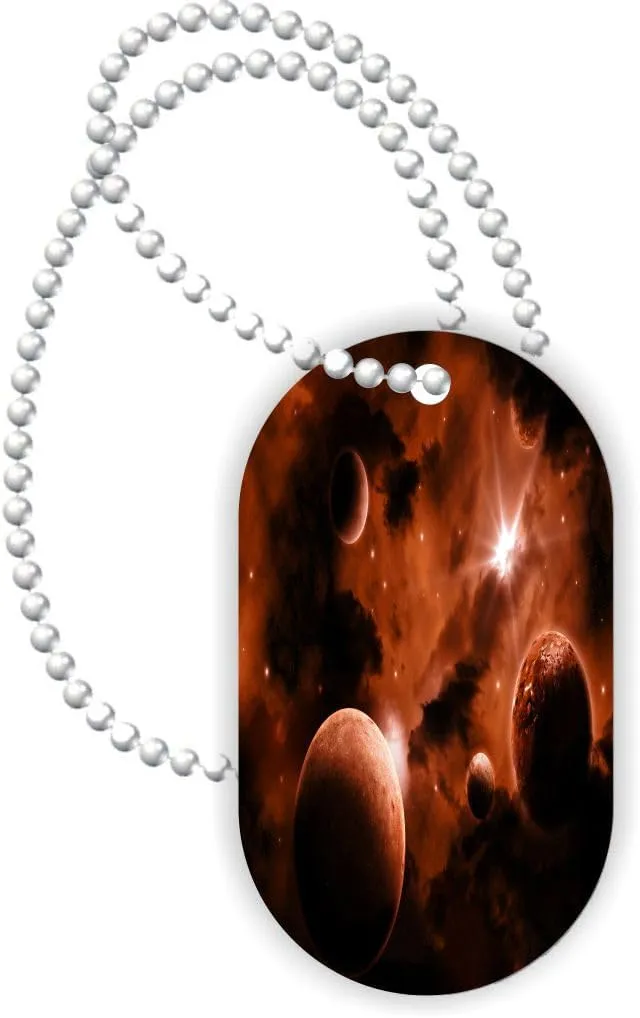 Planets in Outerspace Orange Glow - Aluminum Dog Tag Necklace Pendant with Ball Chain